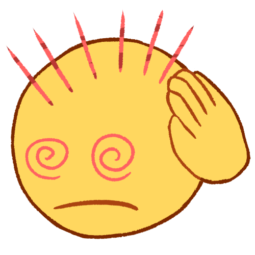 a drawing of a person holding their hand to their head, frowning with spiral eyes. there are six pink lines going out from their head.